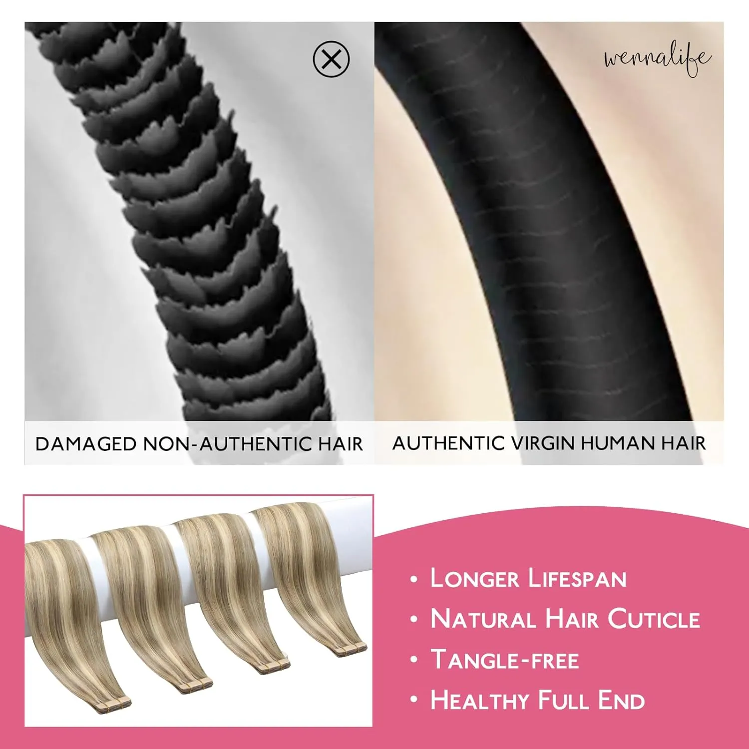 Wennalife Tape in Hair Extensions Human Hair Ash Brown Highlighted Golden Blonde Tape in Extensions, 10pcs 30g 22 inch Remy Invisible Tape Ins Straight Colored Soft Tape in Extensions Refill Set