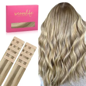 Wennalife Tape in Hair Extensions Human Hair Ash Brown Highlighted Golden Blonde Tape in Extensions, 10pcs 30g 22 inch Remy Invisible Tape Ins Straight Colored Soft Tape in Extensions Refill Set