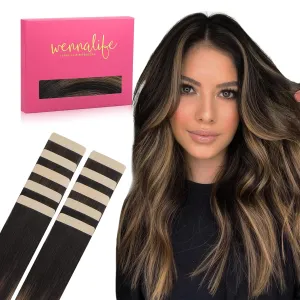 WENNALIFE Tape in Hair Extensions Human Hair Balayage Natural Black to Chestnut Brown Tape in Extensions, 10pcs 25g 14 inch Remy Invisible Tape Ins Straight Soft Real Human Hair Tape in Extensions