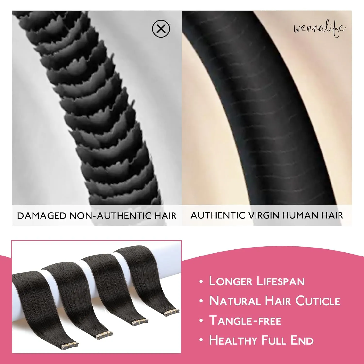WENNALIFE Tape in Hair Extensions Human Hair Natural Black Tape in Extensions, 10pcs 30g 22 inch Remy Invisible Tape Ins Straight Colored Soft Real Human Hair Tape in Extensions Refill Set Extensions