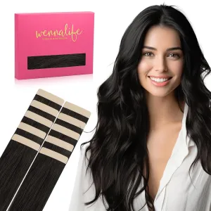 WENNALIFE Tape in Hair Extensions Human Hair Natural Black Tape in Extensions, 10pcs 30g 22 inch Remy Invisible Tape Ins Straight Colored Soft Real Human Hair Tape in Extensions Refill Set Extensions
