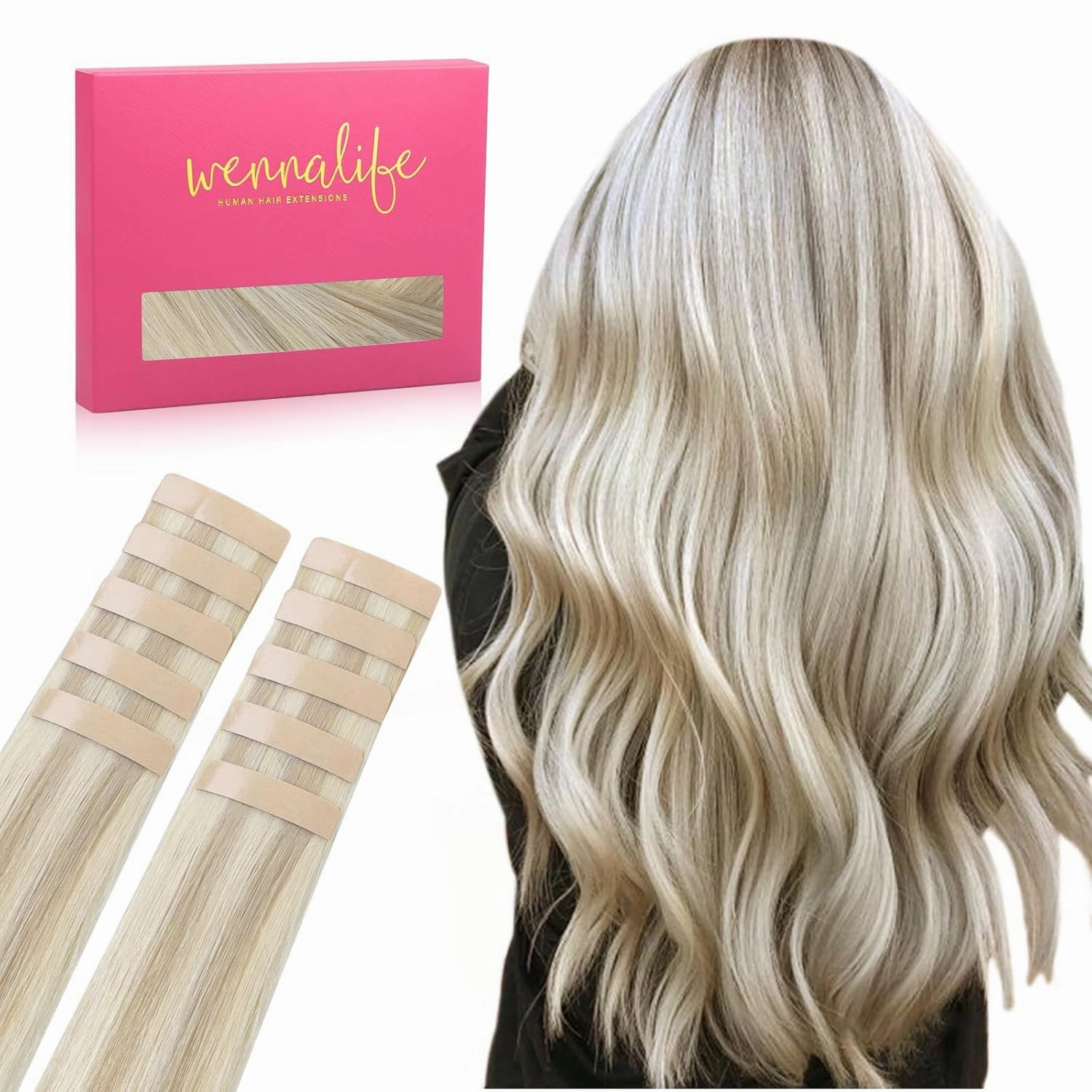 Wennalife Tape in Hair Extensions Human Hair Ash Blonde Highlighted Platinum Blonde Tape in Extensions, 10pcs 20g 10 inch Remy Invisible Tape Ins Straight Soft Real Human Hair Tape in Extensions