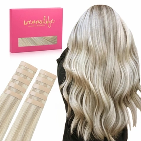 Wennalife Tape in Hair Extensions Human Hair Ash Blonde Highlighted Platinum Blonde Tape in Extensions, 10pcs 20g 10 inch Remy Invisible Tape Ins Straight Soft Real Human Hair Tape in Extensions