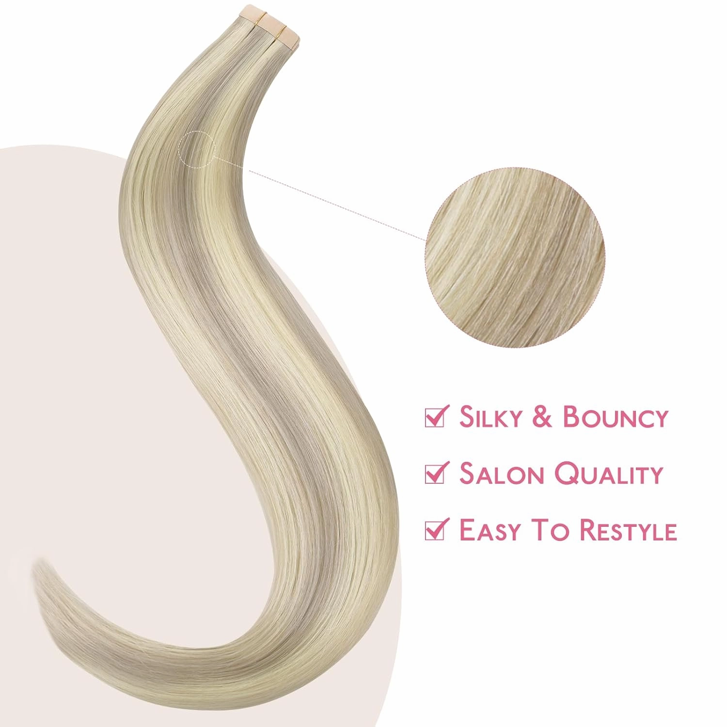 Wennalife Tape in Hair Extensions Human Hair Ash Blonde Highlighted Platinum Blonde Tape in Extensions, 10pcs 20g 10 inch Remy Invisible Tape Ins Straight Soft Real Human Hair Tape in Extensions