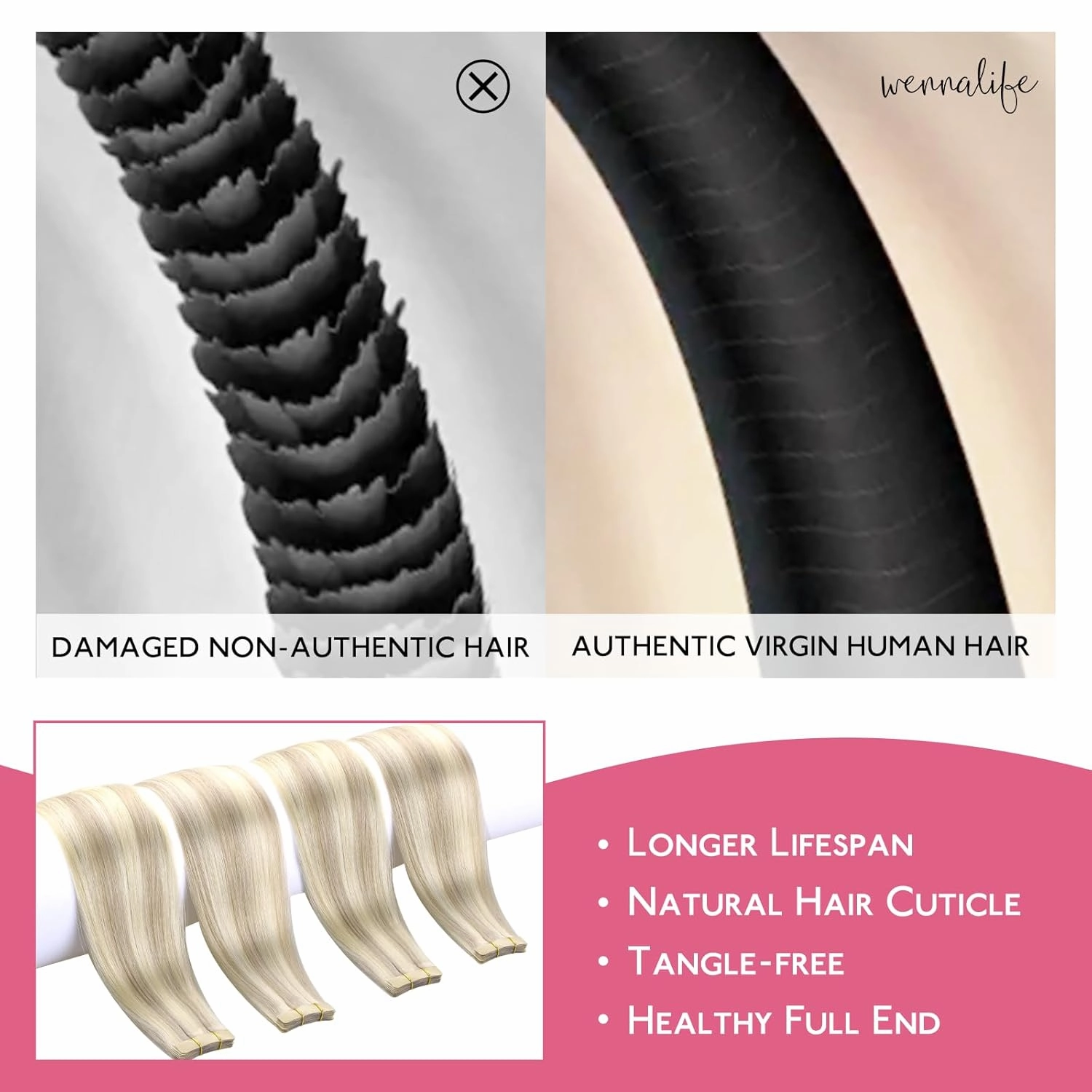 Wennalife Tape in Hair Extensions Human Hair Ash Blonde Highlighted Platinum Blonde Tape in Extensions, 10pcs 20g 10 inch Remy Invisible Tape Ins Straight Soft Real Human Hair Tape in Extensions