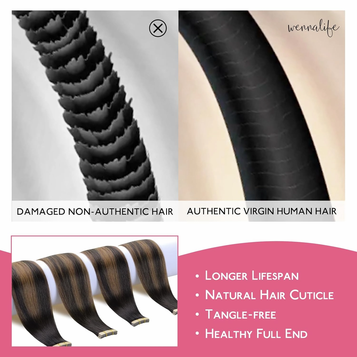 WENNALIFE Tape in Hair Extensions Human Hair Balayage Dark Brown Mixed Chestnut Brown Tape in Extensions, 10pcs 25g 16 inch Remy Invisible Tape Ins Straight Soft Real Human Hair Tape in Extensions