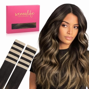 WENNALIFE Tape in Hair Extensions Human Hair Balayage Dark Brown Mixed Chestnut Brown Tape in Extensions, 10pcs 25g 16 inch Remy Invisible Tape Ins Straight Soft Real Human Hair Tape in Extensions