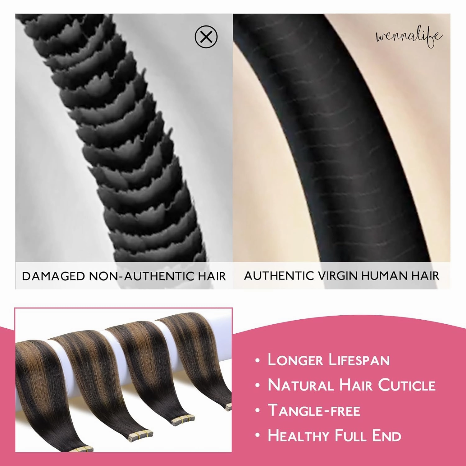 WENNALIFE Tape in Hair Extensions Human Hair Balayage Dark Brown Mixed Chestnut Brown Tape in Extensions, 10pcs 25g 18 inch Remy Invisible Tape Ins Straight Soft Real Human Hair Tape in Extensions