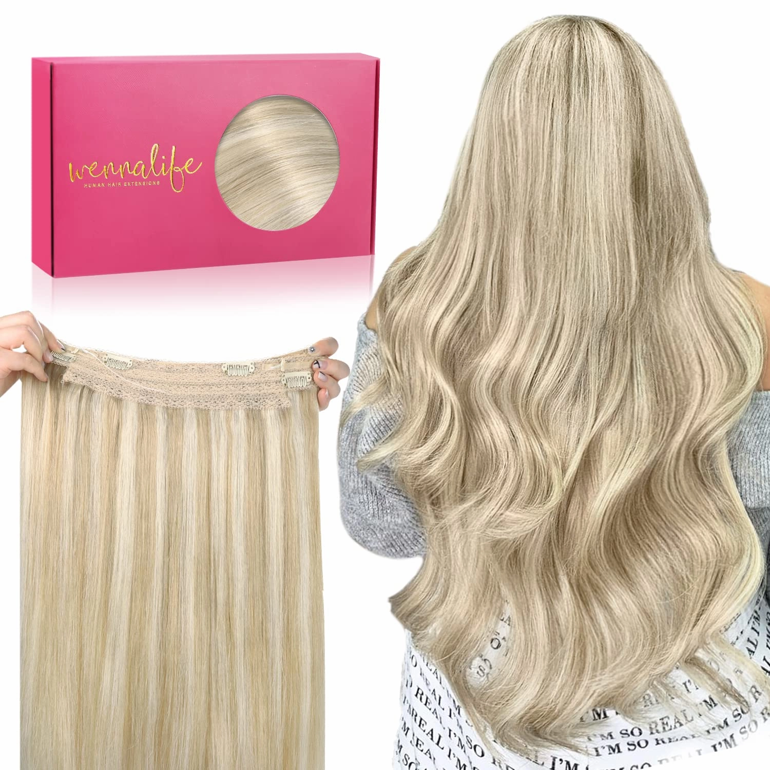 WENNALIFE Wire Hair Extensions (Increase 50% Lifespan) 18 inch 95g Dirty Blonde Highlighted Bleach Blonde Remy Hair Extensions Invisible Transparent Wire Straight Real