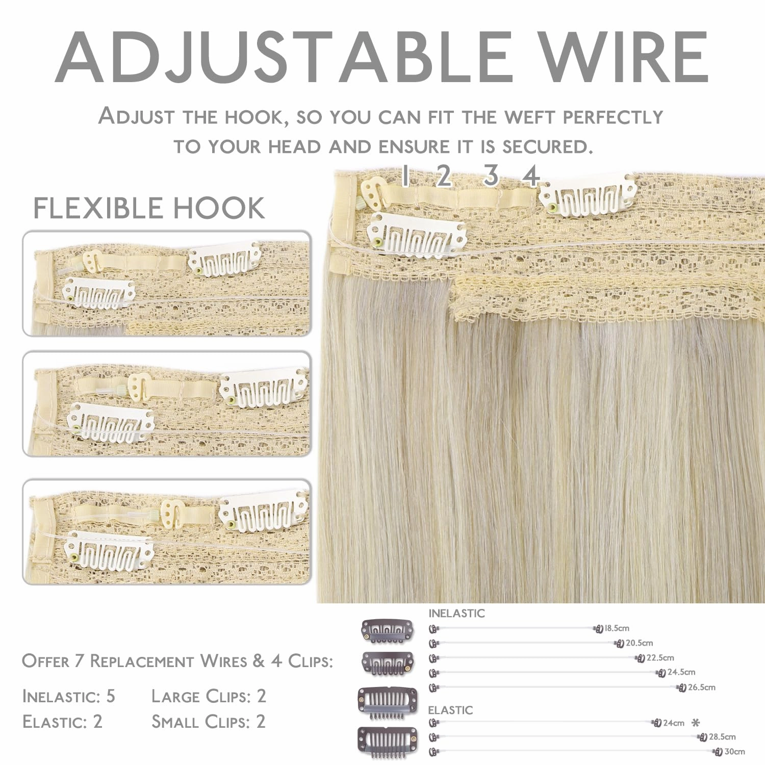 WENNALIFE Wire Hair Extensions (Increase 50% Lifespan) Real Human Hair 18 inch 95g Ash Blonde Highlighted Platinum Blonde Remy Hair Extensions Invisible