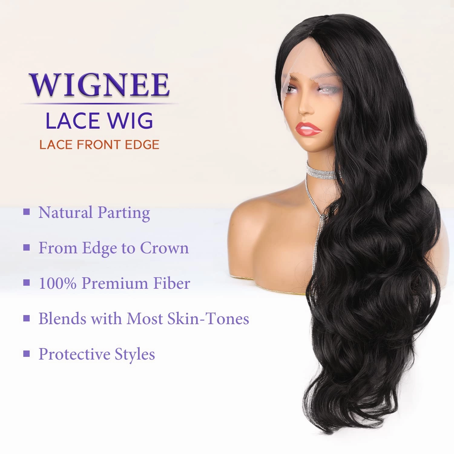 WIGNEE Lace Front Wig Body Wave Black Wig Long Curly Wigs Natural Black Synthetic Lace Front Wigs for Black Women (Black)