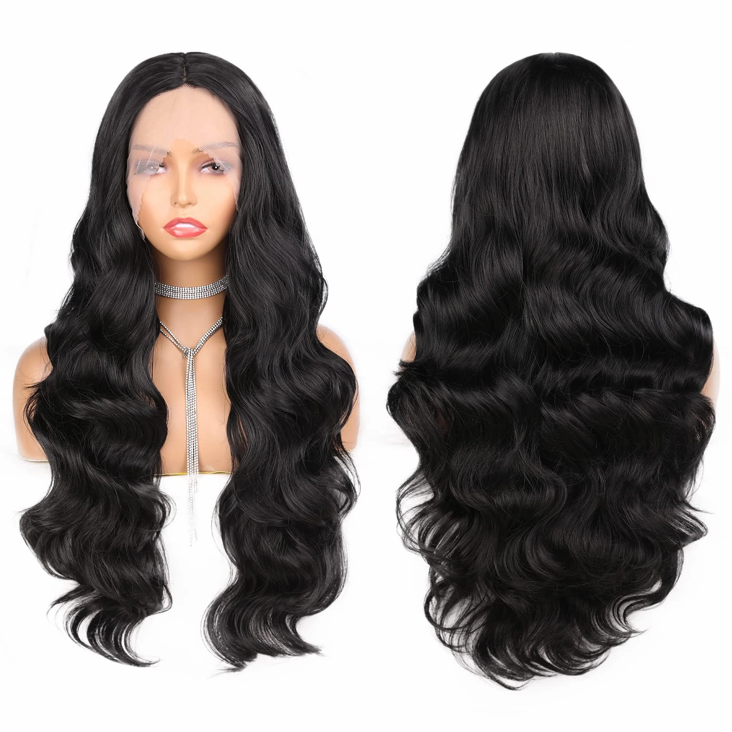 WIGNEE Lace Front Wig Body Wave Black Wig Long Curly Wigs Natural Black Synthetic Lace Front Wigs for Black Women (Black)