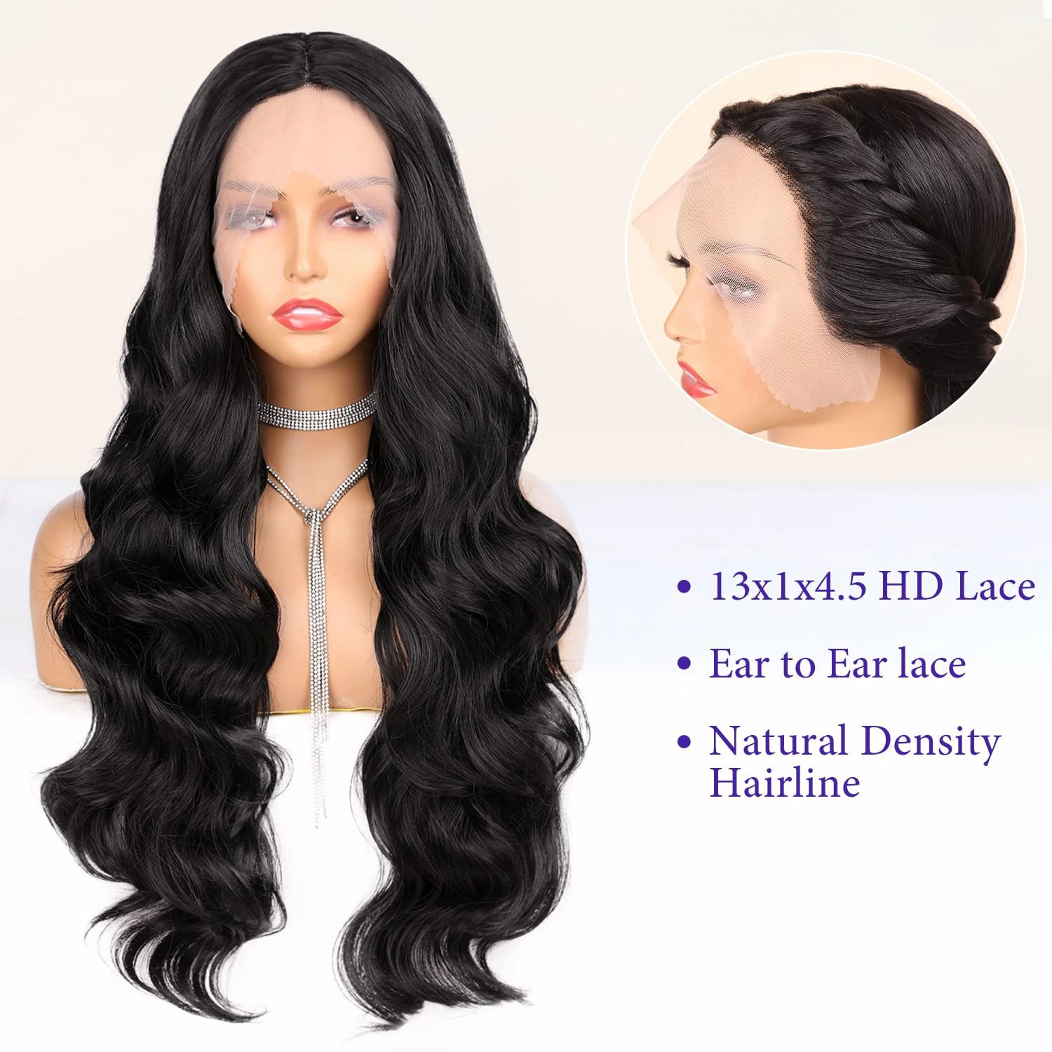 WIGNEE Lace Front Wig Body Wave Black Wig Long Curly Wigs Natural Black Synthetic Lace Front Wigs for Black Women (Black)