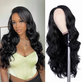 WIGNEE Lace Front Wig Body Wave Black Wig Long Curly Wigs Natural Black Synthetic Lace Front Wigs for Black Women (Black)