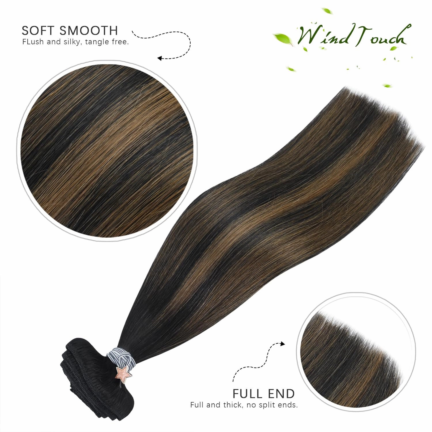 WindTouch Clip in Hair Extensions Real Human Hair 14inch 120g 7Pcs #1BT6P1B Ombre Natural Black to Chestnut Brown Balayage Hair Extensions Clip ins for Women, Human Hair Extensions