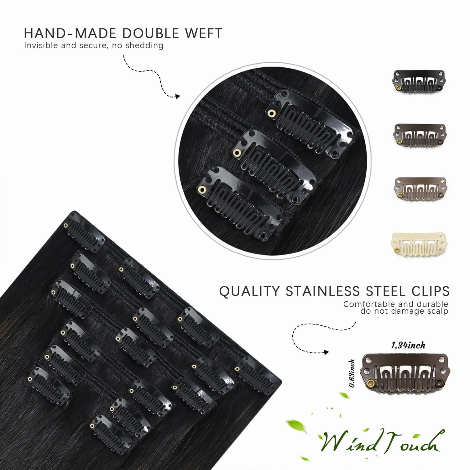 WindTouch Clip in Hair Extensions Real Human Hair 14inch 120g 7Pcs #1BT6P1B Ombre Natural Black to Chestnut Brown Balayage Hair Extensions Clip ins for Women, Human Hair Extensions