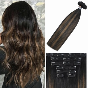 WindTouch Clip in Hair Extensions Real Human Hair 14inch 120g 7Pcs #1BT6P1B Ombre Natural Black to Chestnut Brown Balayage Hair Extensions Clip ins for Women, Human Hair Extensions