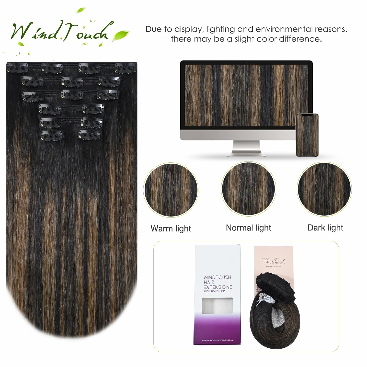 WindTouch Clip in Hair Extensions Real Human Hair 14inch 120g 7Pcs #1BT6P1B Ombre Natural Black to Chestnut Brown Balayage Hair Extensions Clip ins for Women, Human Hair Extensions