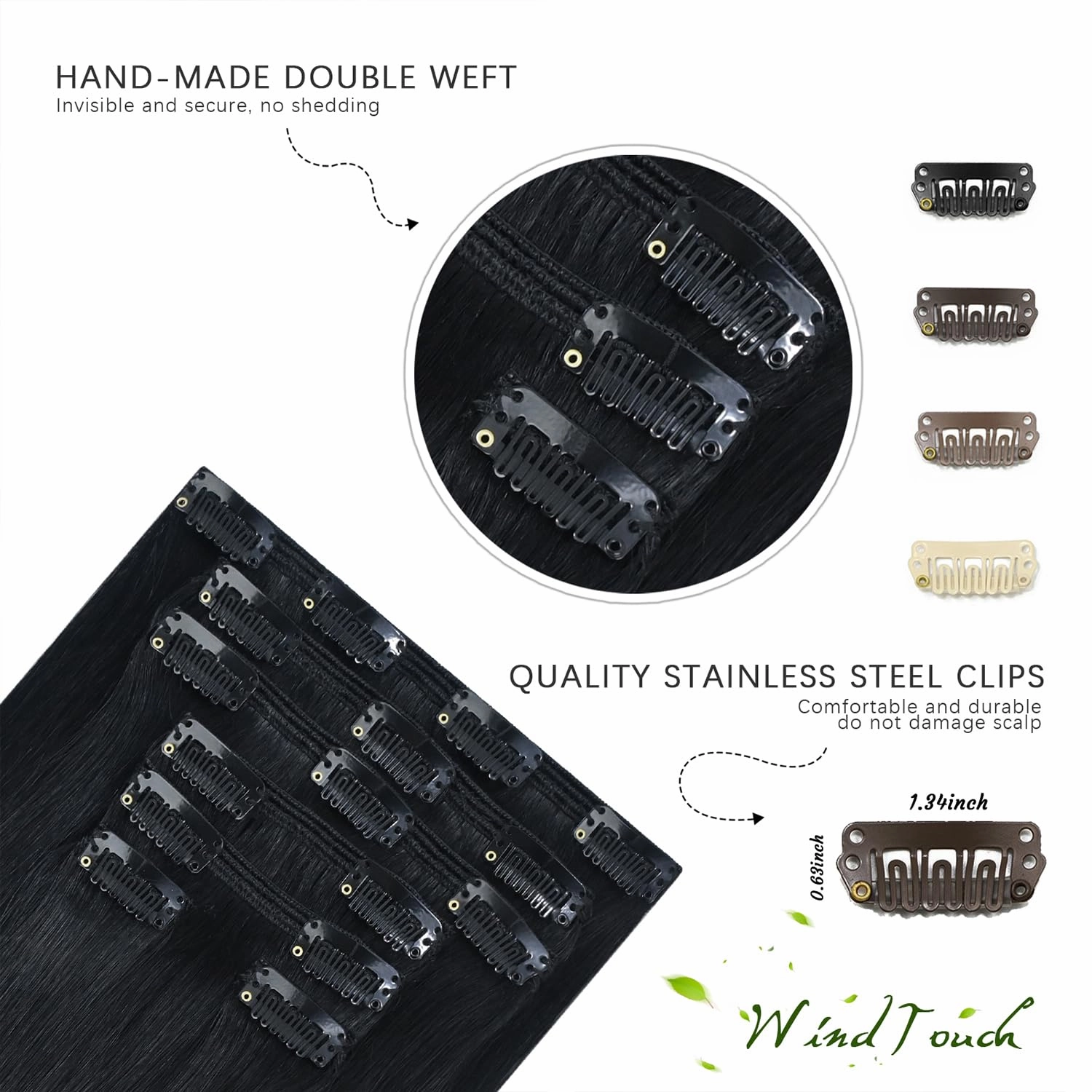 WindTouch Clip In Hair Extensions Real Human Hair Clip ins Virgin Hair Jet Black Hair Extensions Thick Full Head #1 120g 22Inch 7PCS Clip in Hair Extensions Real Human Hair
