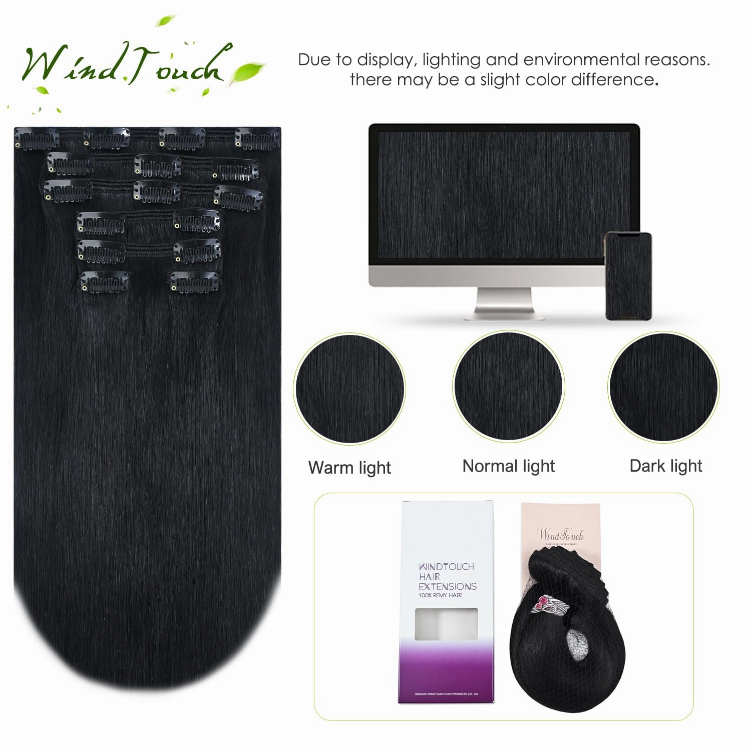 WindTouch Clip In Hair Extensions Real Human Hair Clip ins Virgin Hair Jet Black Hair Extensions Thick Full Head #1 120g 22Inch 7PCS Clip in Hair Extensions Real Human Hair
