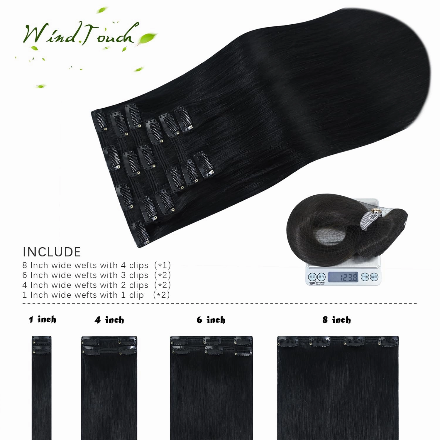 WindTouch Clip In Hair Extensions Real Human Hair Clip ins Virgin Hair Jet Black Hair Extensions Thick Full Head #1 120g 22Inch 7PCS Clip in Hair Extensions Real Human Hair