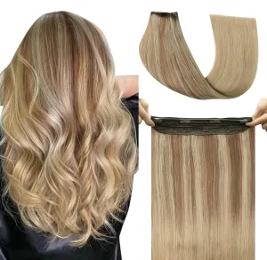 Wire Hair Extensions Fish Line Hair Extensions Golden Brown with Caramel Blonde Hair, Invisible Hair Extensions Real Human Hair 14inch 70g Adjustable Size Hair Extensions(#10/27/27-14inch)