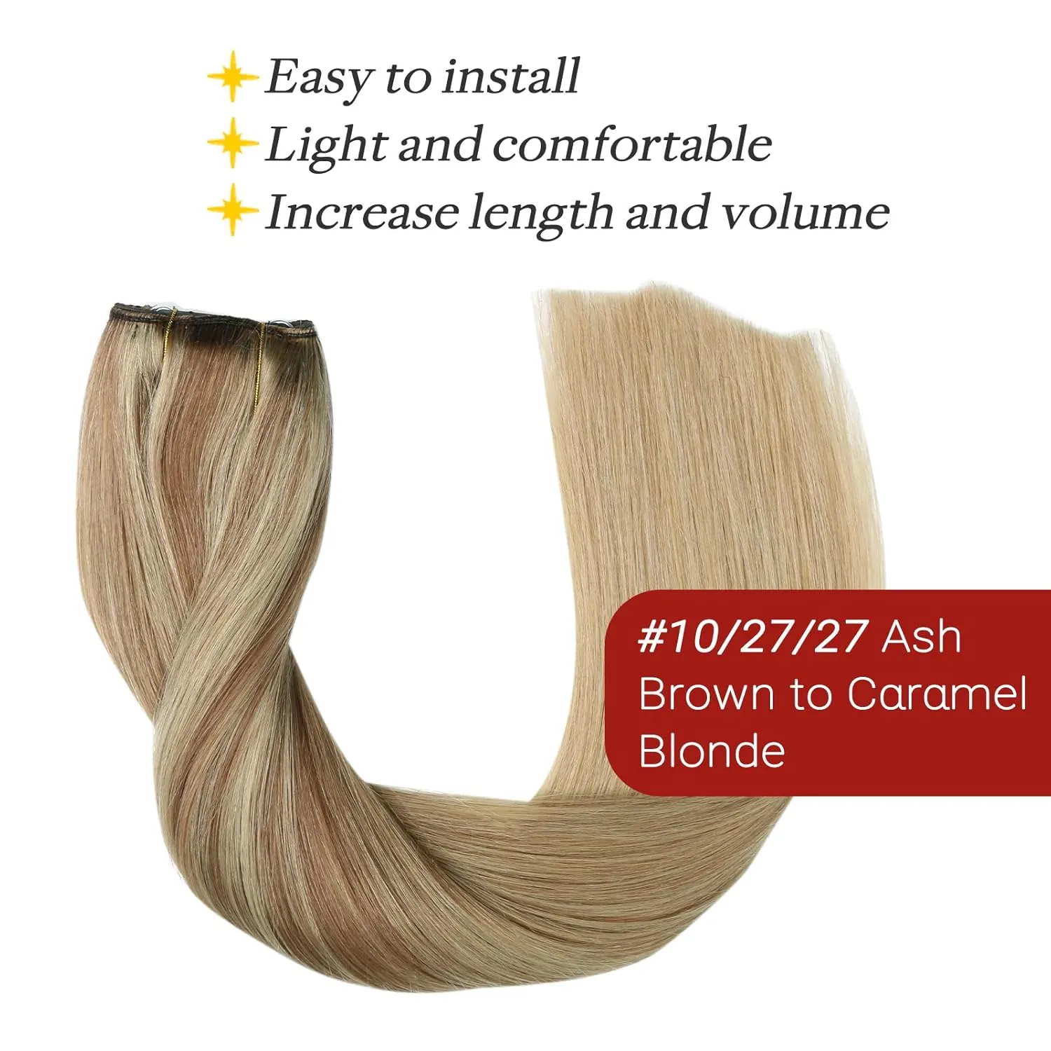 Wire Hair Extensions Fish Line Hair Extensions Golden Brown with Caramel Blonde Hair, Invisible Hair Extensions Real Human Hair 14inch 70g Adjustable Size Hair Extensions(#10/27/27-14inch)