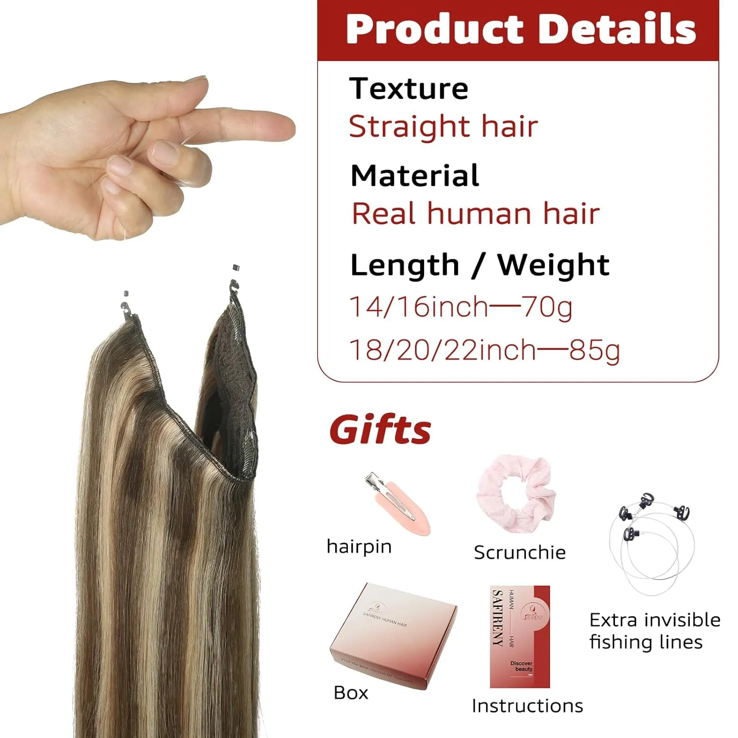 Wire Hair Extensions Fish Line Hair Extensions Golden Brown with Caramel Blonde Hair, Invisible Hair Extensions Real Human Hair 14inch 70g Adjustable Size Hair Extensions(#10/27/27-14inch)