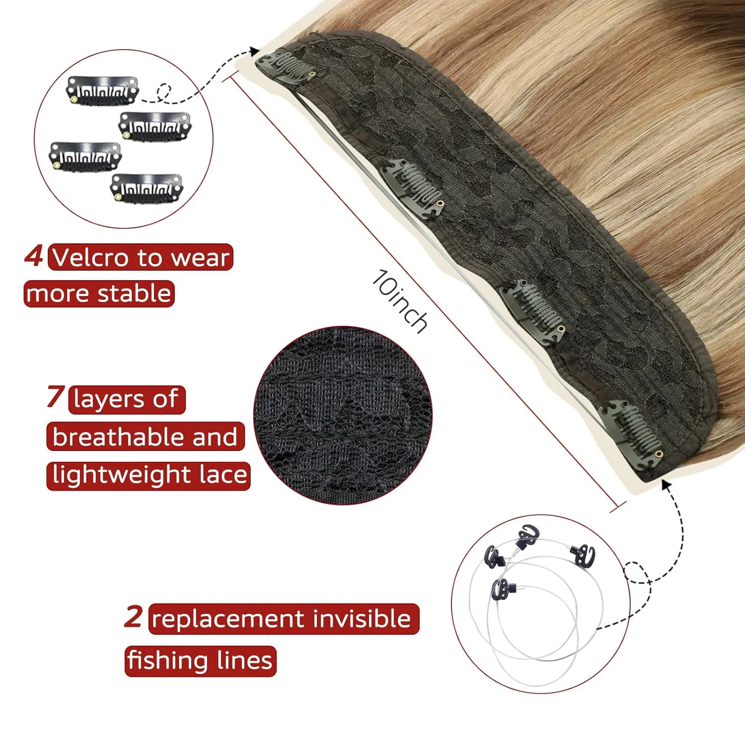 Wire Hair Extensions Fish Line Hair Extensions Golden Brown with Caramel Blonde Hair, Invisible Hair Extensions Real Human Hair 14inch 70g Adjustable Size Hair Extensions(#10/27/27-14inch)