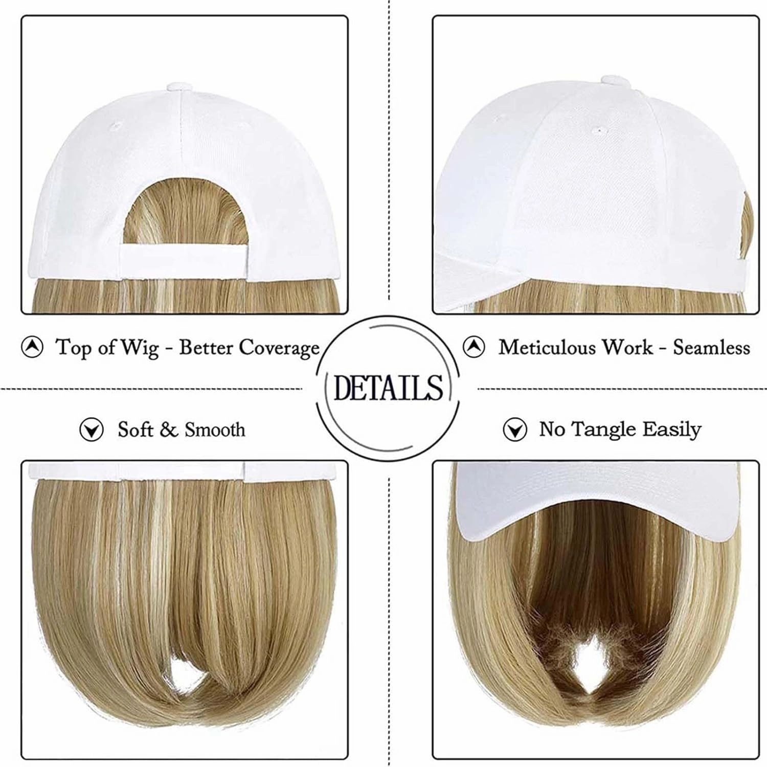Woman Baseball Cap with Hair Extensions Straight Short Bob Hairstyle Adjustable Wig Hat 14inch Duck Tongue Hat Wig