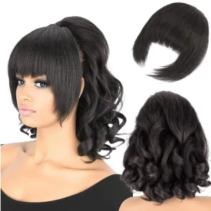 Yaki Drawstring Ponytail Extension with Bangs for Black Women, Yaki Straight with Curly Ends Synthetic Hairpiece Hair Extension Pony Tails with Bangs - 16 Inches, Black Brown