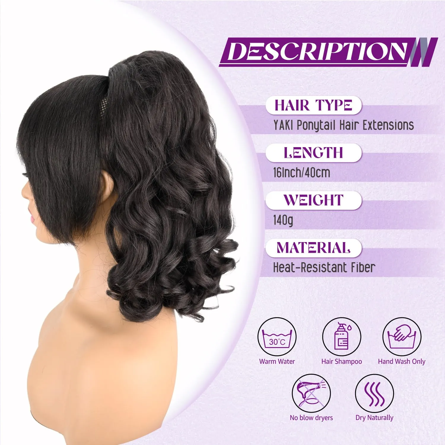 Yaki Drawstring Ponytail Extension with Bangs for Black Women, Yaki Straight with Curly Ends Synthetic Hairpiece Hair Extension Pony Tails with Bangs - 16 Inches, Black Brown