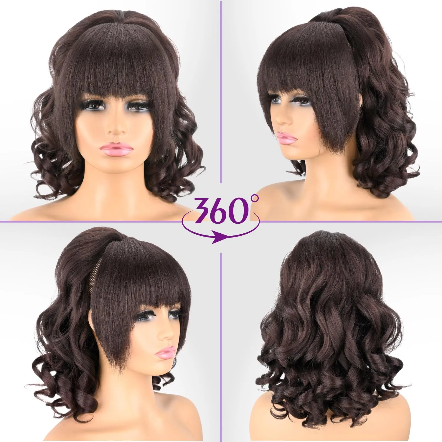 Yaki Drawstring Ponytail Extension with Bangs for Black Women, Yaki Straight with Curly Ends Synthetic Hairpiece Hair Extension Pony Tails with Bangs - 16 Inches, Dark Brown