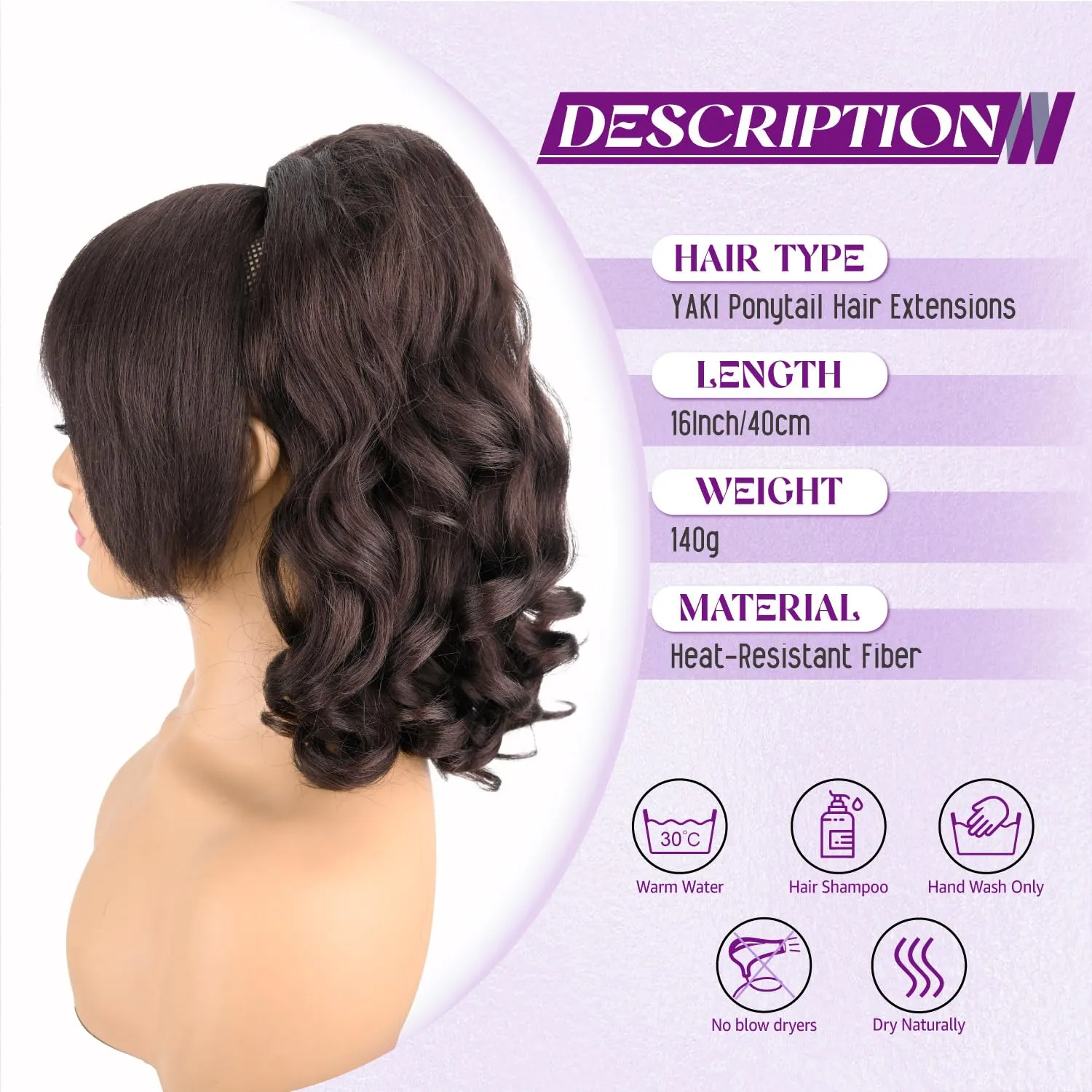 Yaki Drawstring Ponytail Extension with Bangs for Black Women, Yaki Straight with Curly Ends Synthetic Hairpiece Hair Extension Pony Tails with Bangs - 16 Inches, Dark Brown