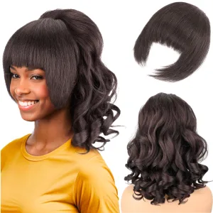 Yaki Drawstring Ponytail Extension with Bangs for Black Women, Yaki Straight with Curly Ends Synthetic Hairpiece Hair Extension Pony Tails with Bangs - 16 Inches, Dark Brown
