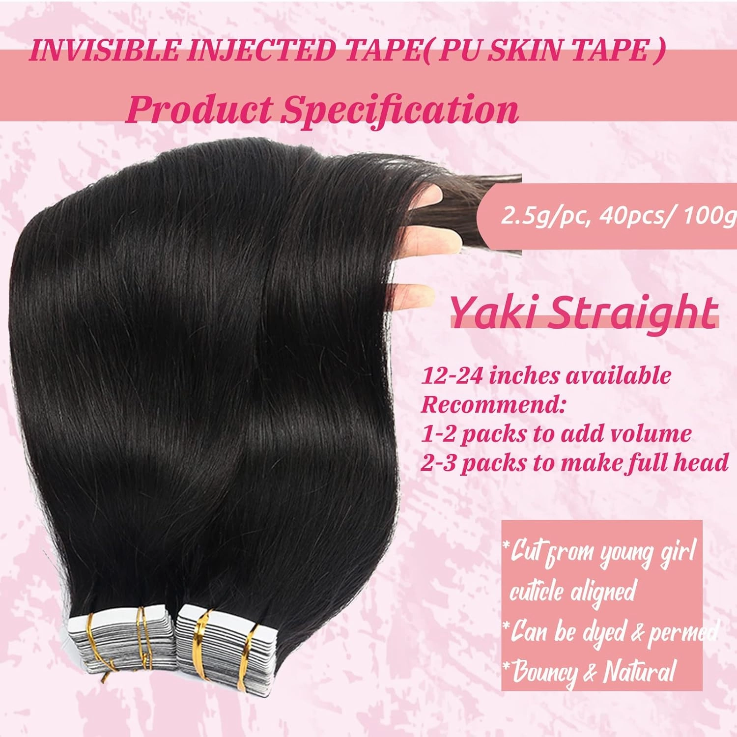 Yaki Tape in Hair Extensions Human Hair for Black Women,9A Burmese Virgin Real Human Hair Light Yaki Straight Tape in Hair Extensions 40pcs 100grams Seamless Skin Weft Yaki Hair Tape ins 14"