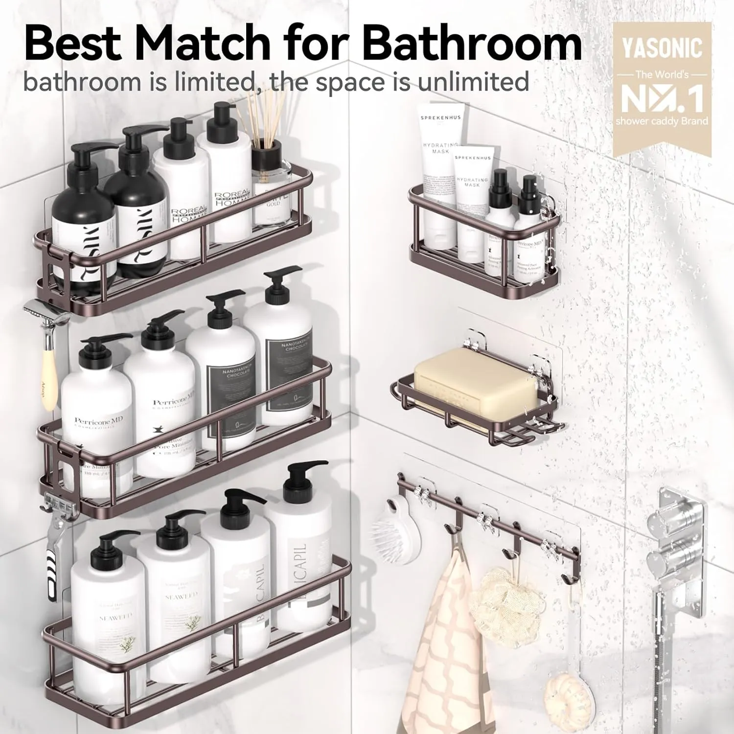 YASONIC Shower Caddy, 6 Pack Large Capacity Shower Organizer with Soap Holder and 12 Hooks, Rustproof Shower Shelves for Inside Shower, No Drilling&Sleek Bathroom Organizers and Storage Bronze