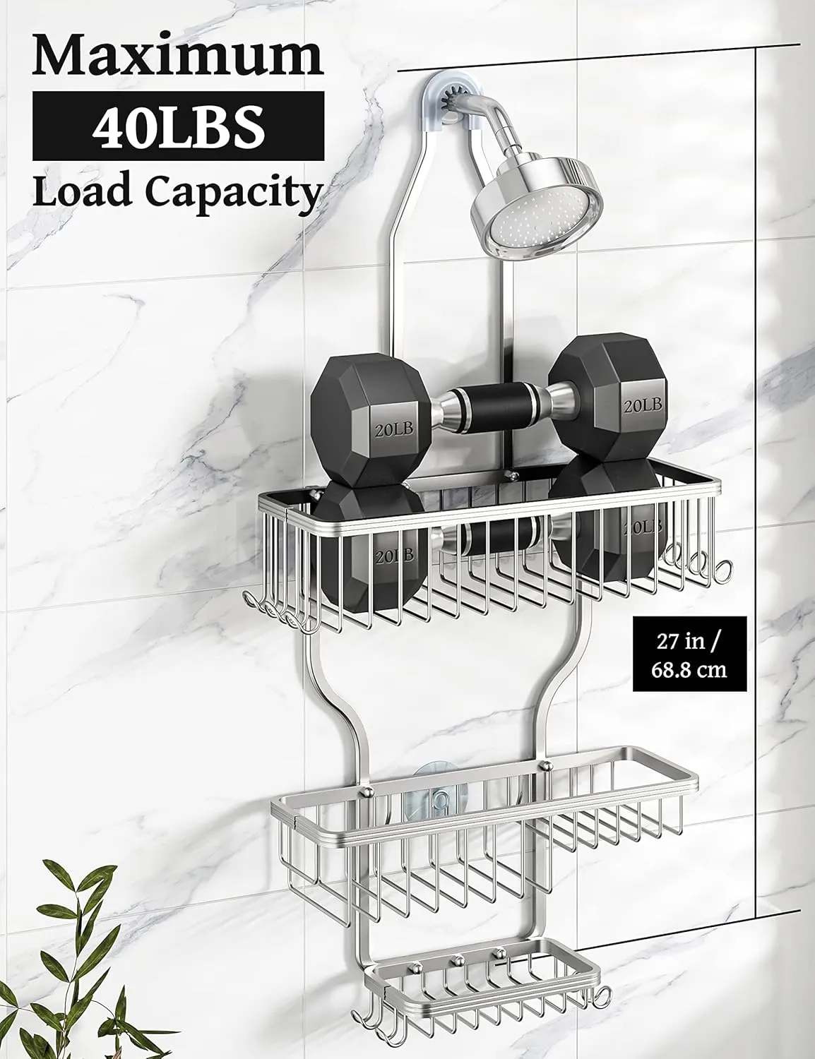 YASONIC Shower Caddy Hanging - Never Rust Shower Organizer - Aluminum Over The Shower Head Caddy with 10 Hooks for Razor/Sponge - Shower Rack with Soap Basket - Silver