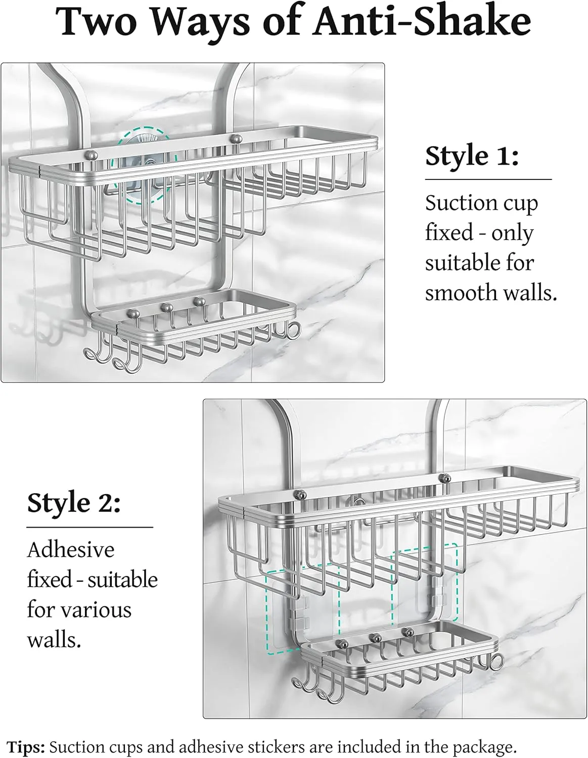 YASONIC Shower Caddy Hanging - Never Rust Shower Organizer - Aluminum Over The Shower Head Caddy with 10 Hooks for Razor/Sponge - Shower Rack with Soap Basket - Silver