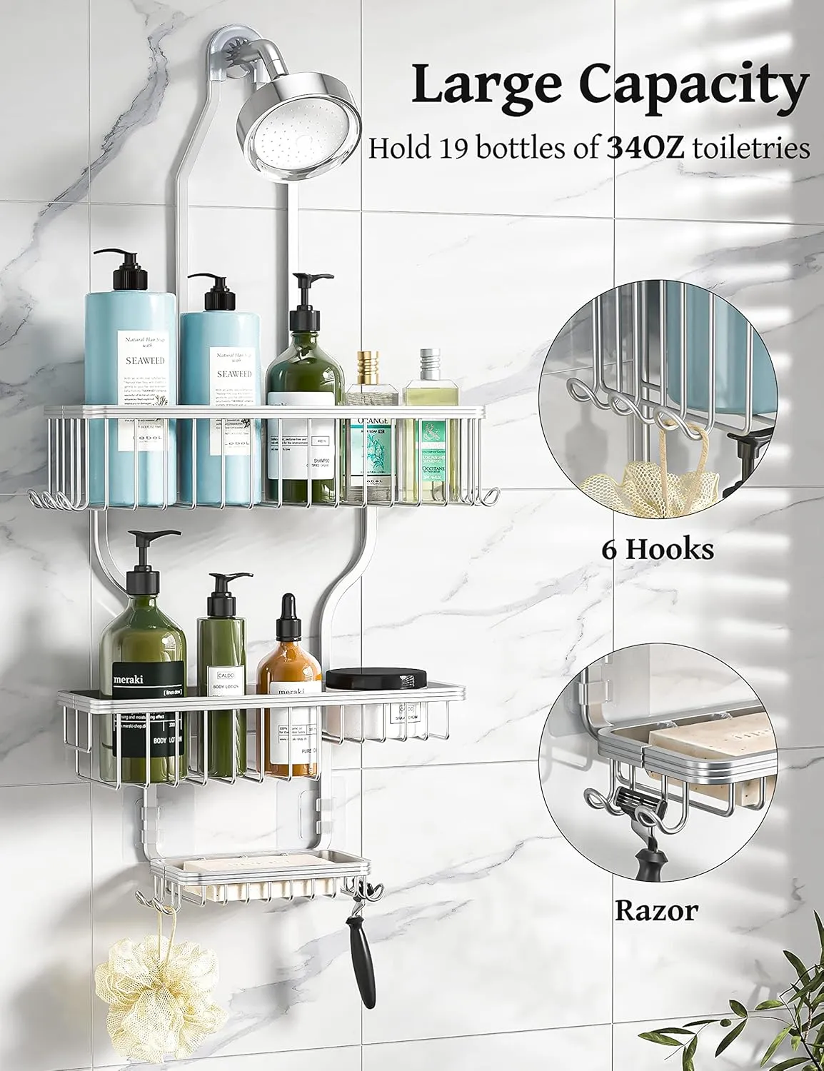 YASONIC Shower Caddy Hanging - Never Rust Shower Organizer - Aluminum Over The Shower Head Caddy with 10 Hooks for Razor/Sponge - Shower Rack with Soap Basket - Silver