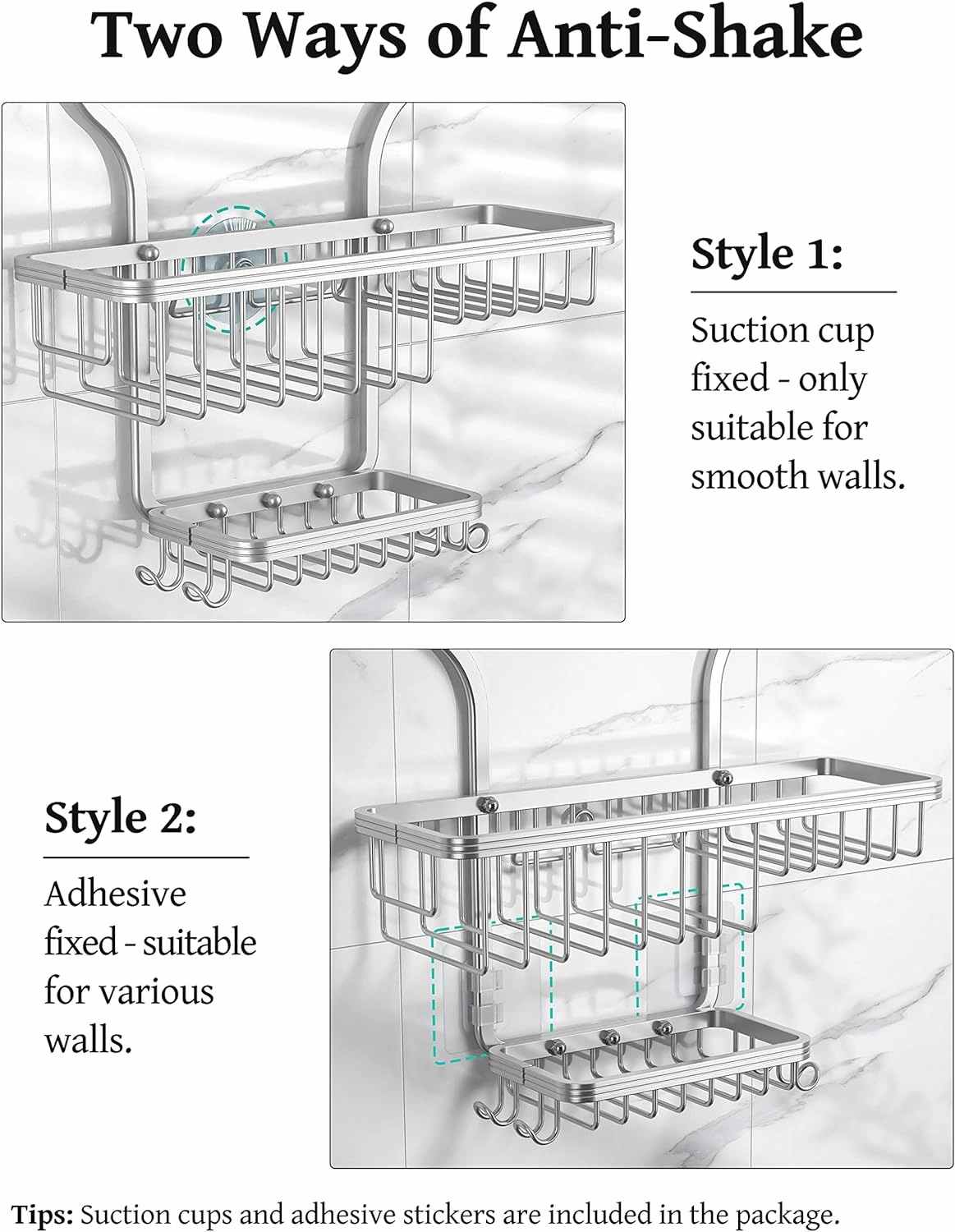 YASONIC Shower Caddy Hanging - Never Rust Shower Organizer - Aluminum Over The Shower Head Caddy with 10 Hooks for Razor/Sponge - Shower Rack with Soap Basket - Silver