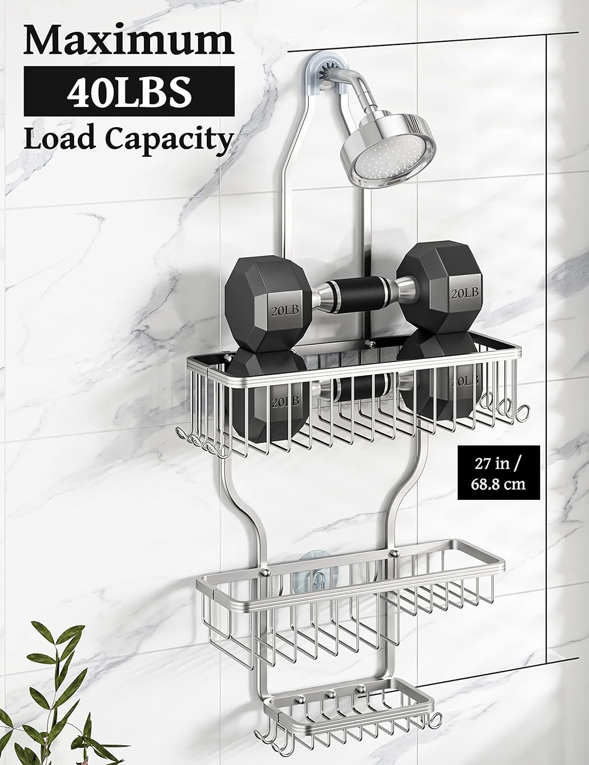 YASONIC Shower Caddy Hanging - Never Rust Shower Organizer - Aluminum Over The Shower Head Caddy with 10 Hooks for Razor/Sponge - Shower Rack with Soap Basket - Silver