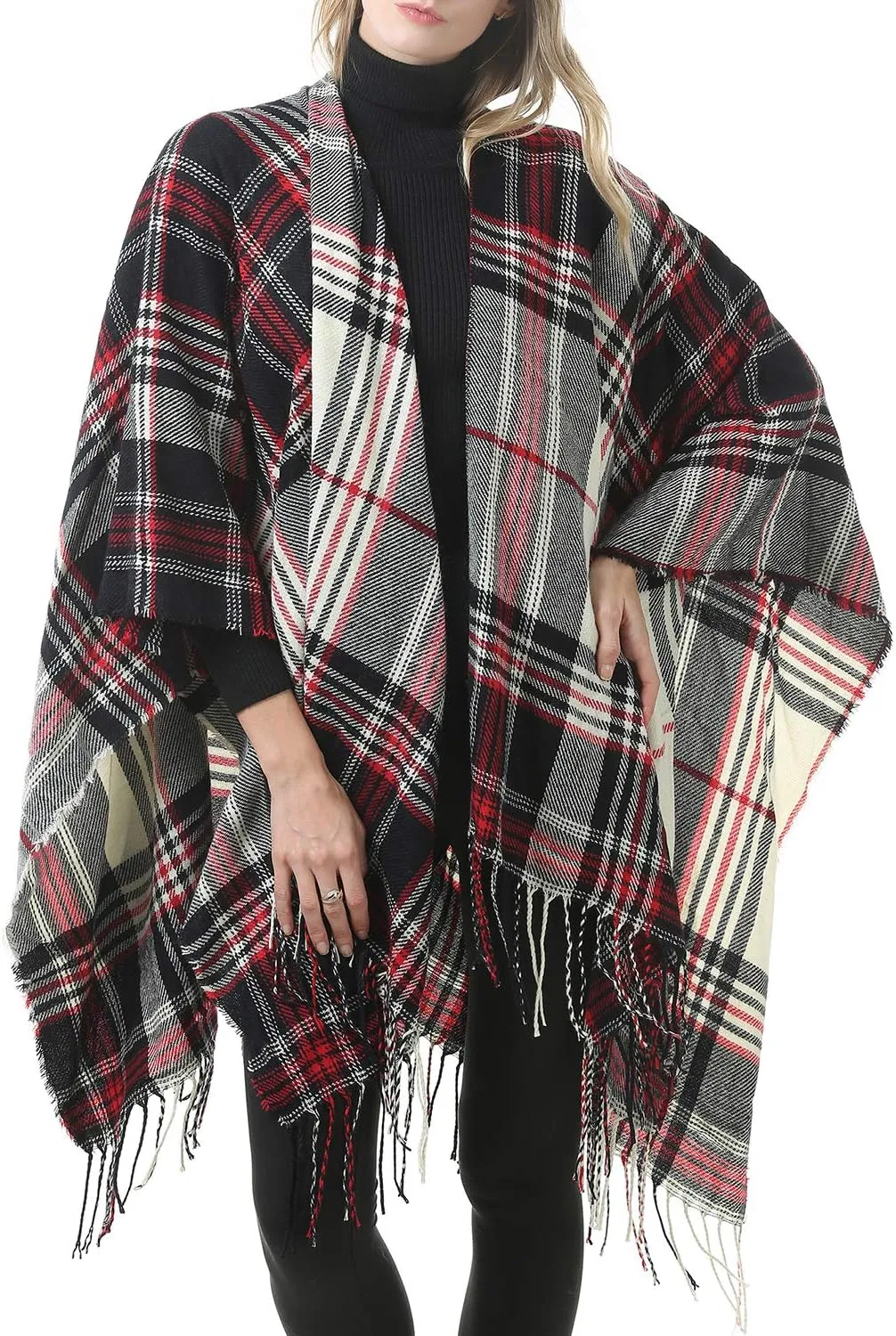 Zando Women's Warm Shawl Wrap Open Front Poncho Cape Color Block Shawls Winter Cardigan Wrap Printed Ponchos for Women 2