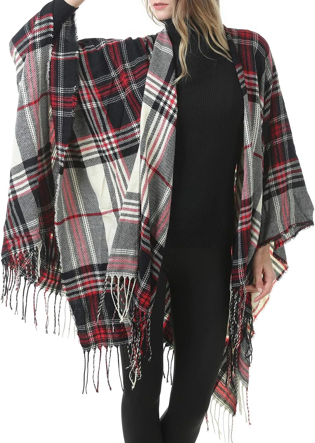 Zando Women's Warm Shawl Wrap Open Front Poncho Cape Color Block Shawls Winter Cardigan Wrap Printed Ponchos for Women 2