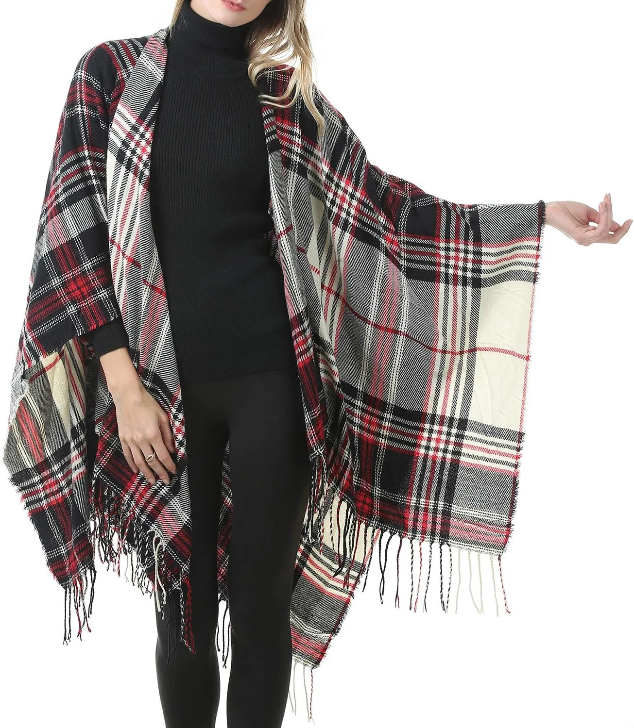 Zando Women's Warm Shawl Wrap Open Front Poncho Cape Color Block Shawls Winter Cardigan Wrap Printed Ponchos for Women 2