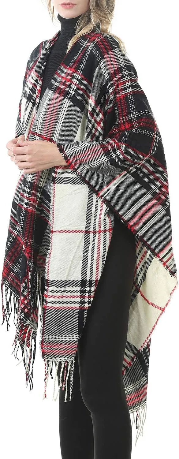 Zando Women's Warm Shawl Wrap Open Front Poncho Cape Color Block Shawls Winter Cardigan Wrap Printed Ponchos for Women 2