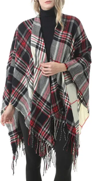 Zando Women's Warm Shawl Wrap Open Front Poncho Cape Color Block Shawls Winter Cardigan Wrap Printed Ponchos for Women 2