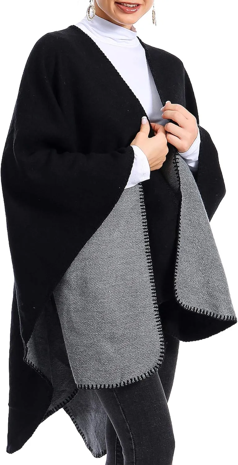 Zando Women's Warm Shawl Wrap Open Front Poncho Cape Color Block Shawls Winter Cardigan Wrap Printed Ponchos for Women 2