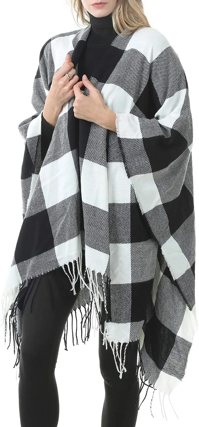 Zando Women's Warm Shawl Wrap Open Front Poncho Cape Color Block Shawls Winter Cardigan Wrap Printed Ponchos for Women 2