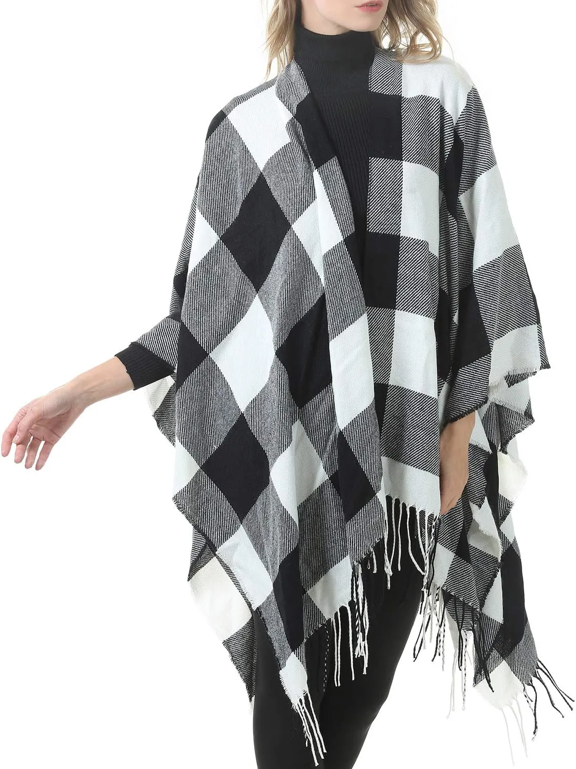 Zando Women's Warm Shawl Wrap Open Front Poncho Cape Color Block Shawls Winter Cardigan Wrap Printed Ponchos for Women 2